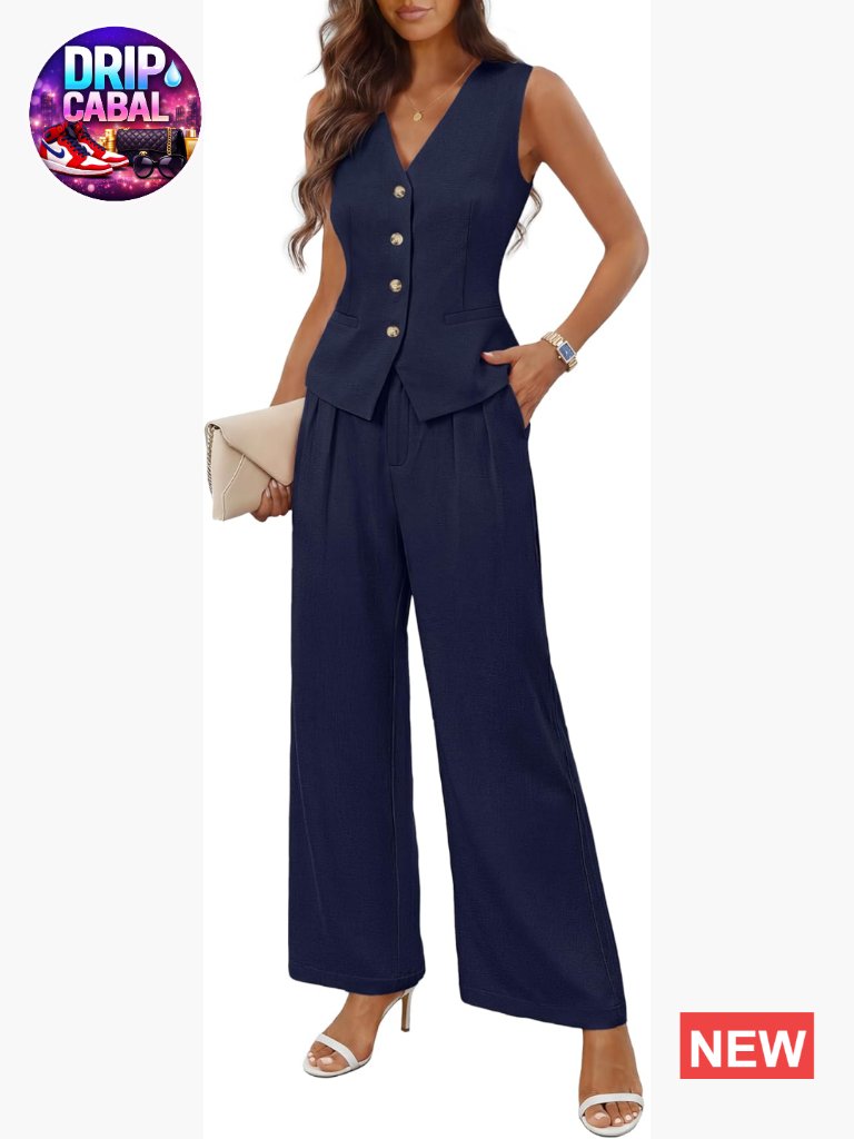 2 Piece Sleeveless Vest Wide Leg Pants Suit Set